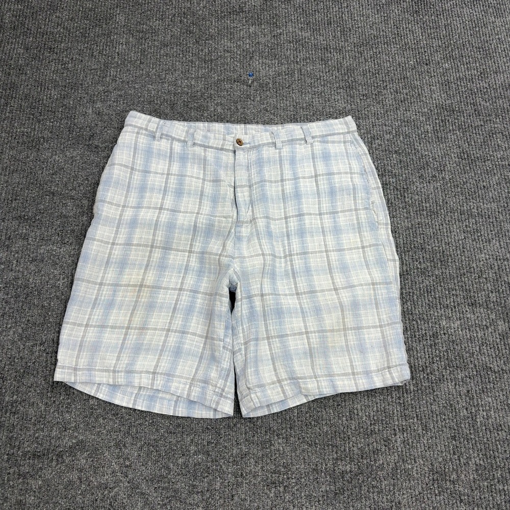 Caribbean Joe Shorts Mens 36 Blue Plaid 100% Linen Summer Beach Coastal Vacation